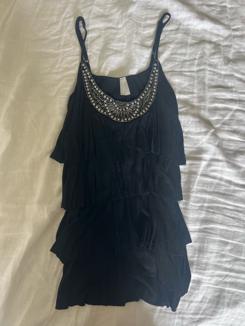 Vanity Black Tiered Tank with Beaded Neckline